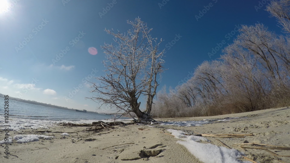 Ship on the river in winter. Time lapse. Ship on the river in winter. Time lapse.