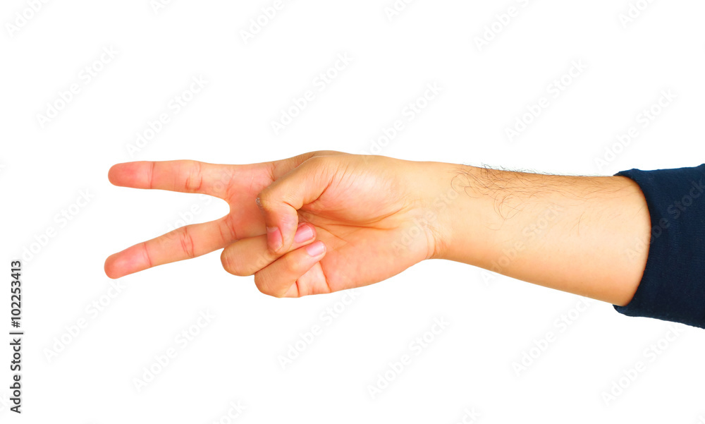 Man hand showing two fingers isolated on white background. Man hand showing two fingers isolated on white background.