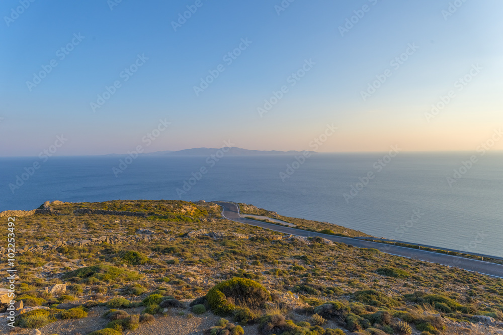 Panoramic view of the greek countryside in Mykonos, Greece.