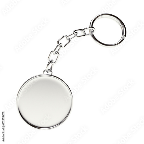 Blank round silver key chain with key ring isolated on white background photo