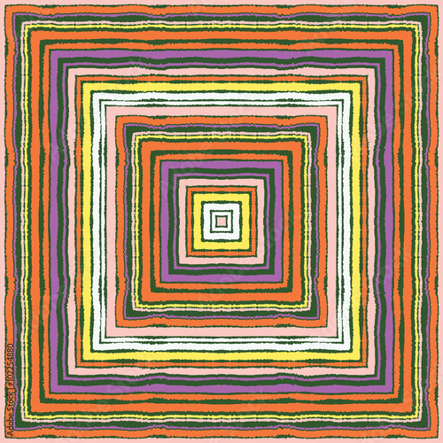 Seamless strip ethnic ornamental pattern. Rectangle, square lines with torn paper effect. Shred edge background. Pastel, orange, violet, lilac, yellow, sanguine, brown colors. Vector illustration