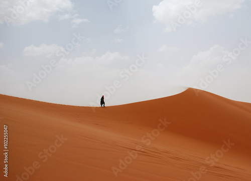 Lonely figure in windy Sahara 