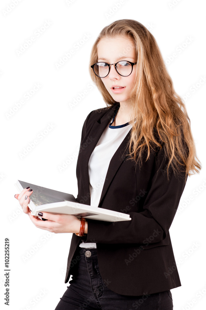 Student blonde girl read book with pictures isolated Student blonde girl read book with pictures isolated