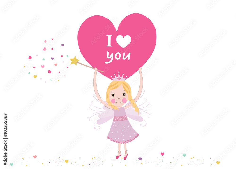 I love you writing fairy holding heart valentine's day greeting card vector