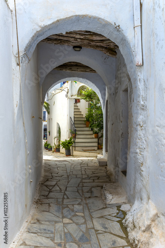 Small traditional alley in Santorini  Greece. Beautiful aegean a