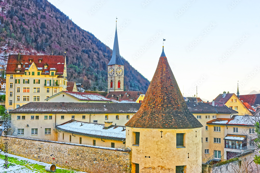 Tower and Church of St Martin in Chur in morning