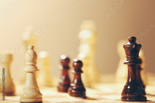 Chess pieces and game board on soft blurred background