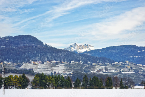 Landscape on countryside in snowy Switzerland in winter