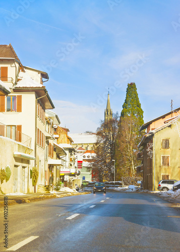 View of road in a town in winter Switzerland