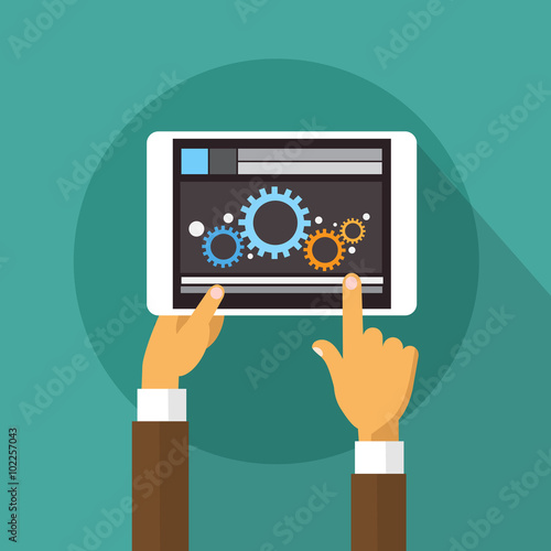 Hands Holding Tablet Computer Developer Mobile Application Technology Flat Design Vector Illustration