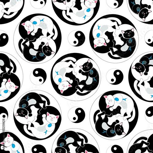 Seamless vector pattern with black and white cats