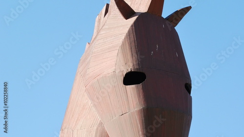 wooden trojan horse in the ancient city Troy in todays northwestern Turkey. The site was home to Trojan War took place in the 12th century BC and in World Heritage List of UNESCO. photo