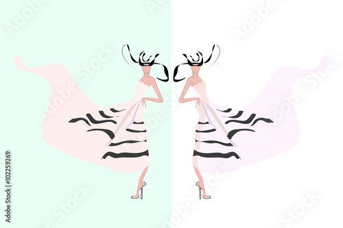 Abstract sketch of women in summer dresses and hats, striped, fashion