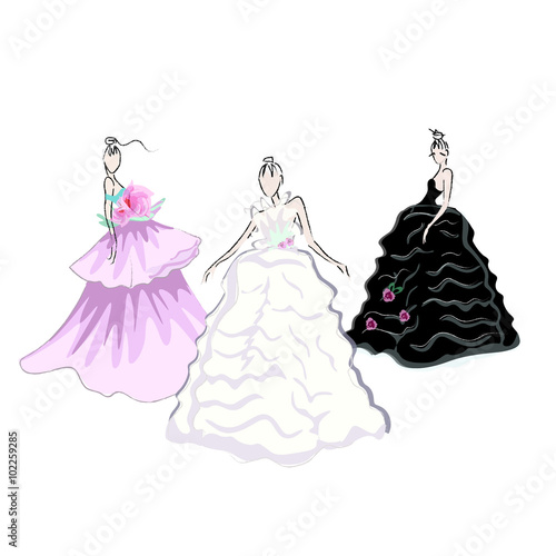 Abstract sketch of models in gorgeous dress (black, pink, white) decorated with flowers, fashion, isolated on white