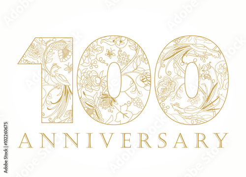 100 anniversary vintage golden numbers. The template logo of 100th birthday in ethnic patterns and the birds of paradise.
