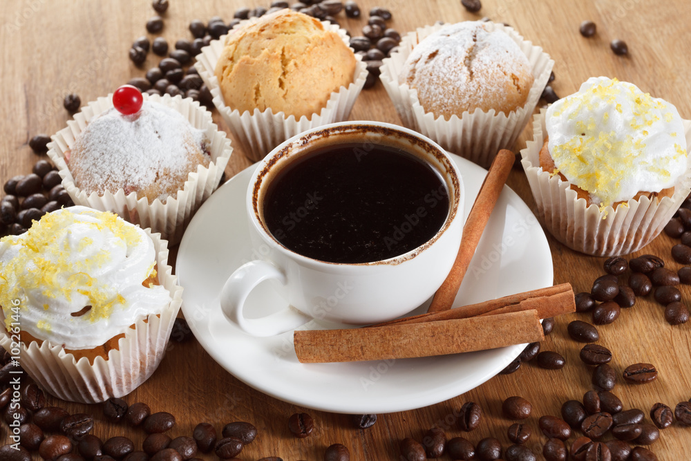 Sweet muffin and coffee. Overhead view Sweet muffin and coffee. Overhead view