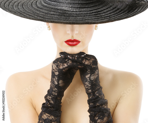 Woman Gloves Wide Brim Hat Red Lips, Girl in Black Widebrim Hat photo