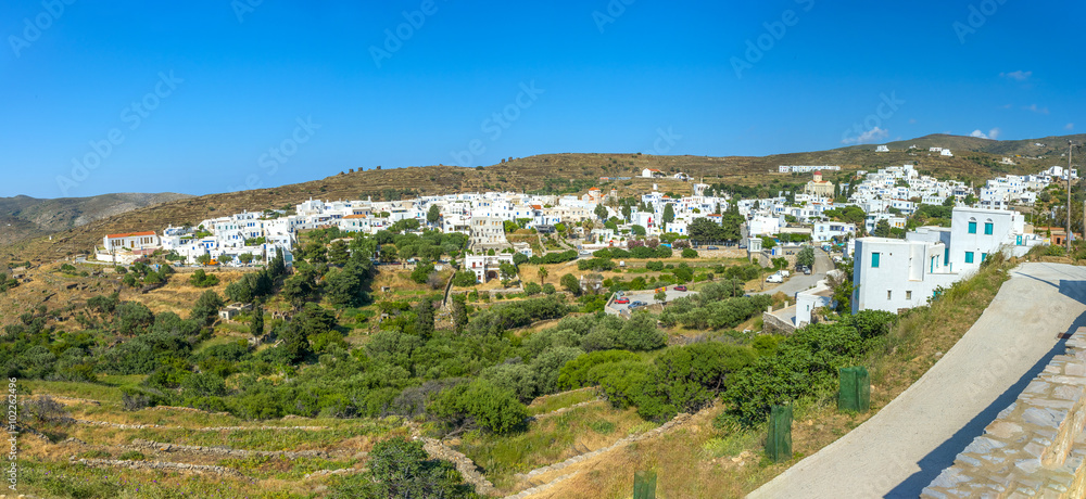 Panoramic view of a village in Mykonos, Greece.