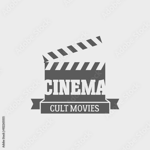 Vector cinema cult movies logotype or label design template with movie clapping board.