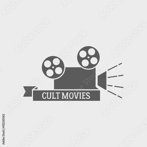 Movie theater vector logo, badge or label design template with film camera and cult movies title.