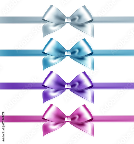 Set of isolated pink, white and blue photorealistic silk bows 