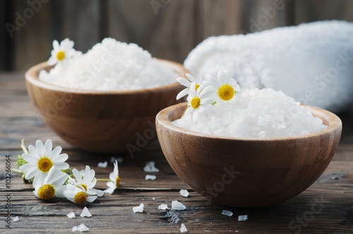 Obraz na plátně Concept of spa treatment with salt and daisy