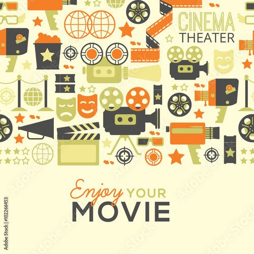 Horizontal seamless background with cinema decorative design elements. Cinema theatre illustration for web, flyers, print design.
