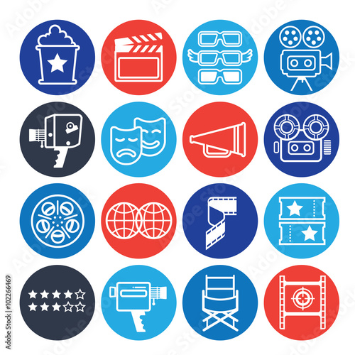 Set of decorative icons with cinema symbols and signs.
Cinema theatre pictograms for web, flyers, print design.