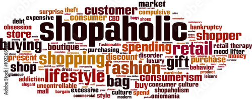 Shopaholic word cloud concept. Vector illustration