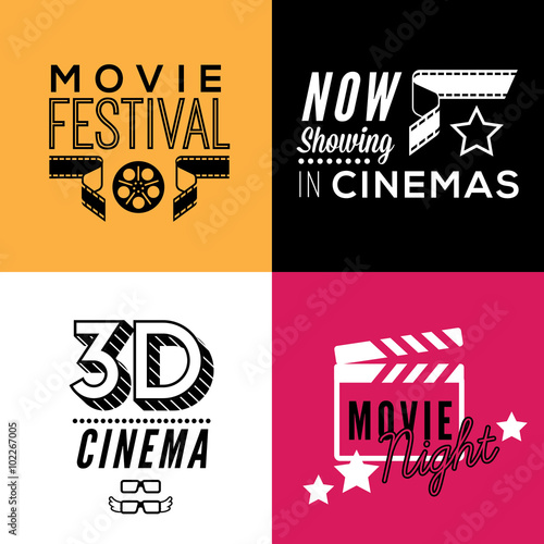 Set of four decorative compositions with cinema symbols and text.
Cinema theatre illustration for web, flyers, print design.