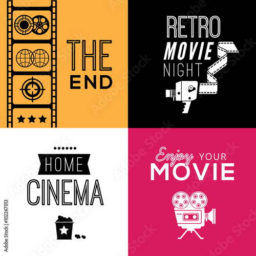 Set of four decorative compositions with cinema symbols and text.
Cinema theatre illustration for web, flyers, print design.