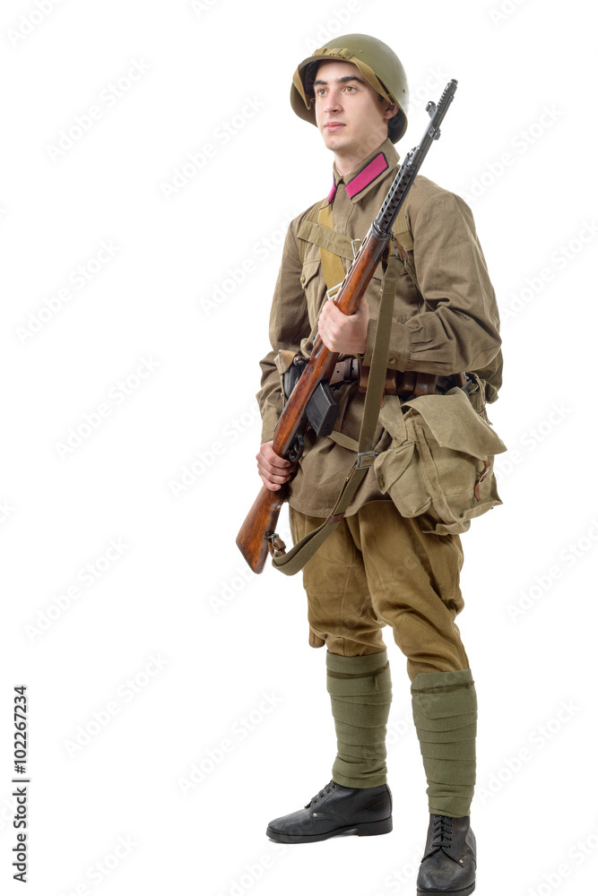 young Soviet soldier with rifle on the white background young Soviet soldier with rifle on the white background