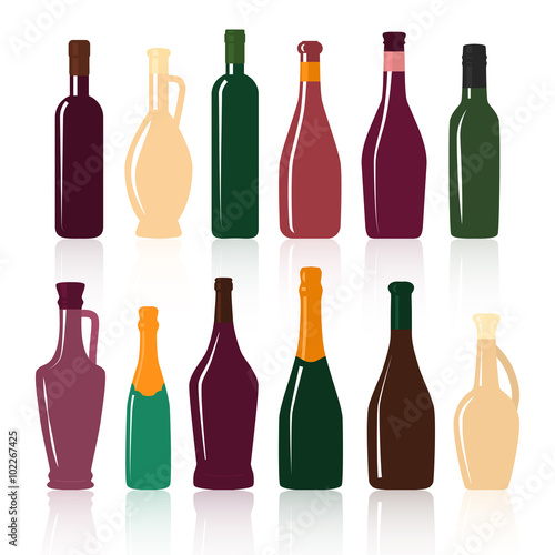 Set of silhouettes of wine bottles on a white background . Vecto