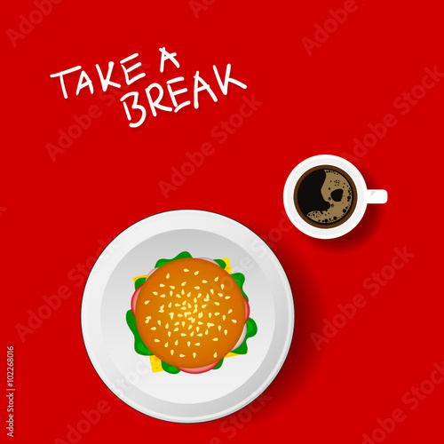 cup of coffee with hamburger illustration on red