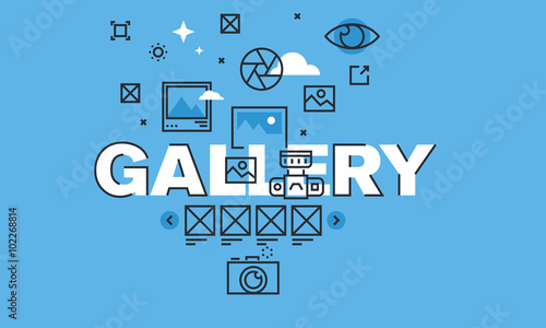 Thin line design concept for gallery website banner. Vector illustration concept for designer or art portfolio, travel photo gallery, business and company presentation, events photos, social media.
