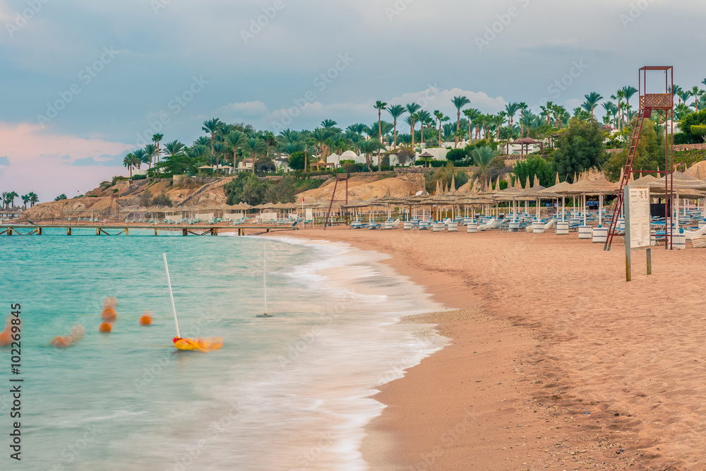 Obraz premium Beautiful beach coast in the Red Sea at sunset, Egypt.