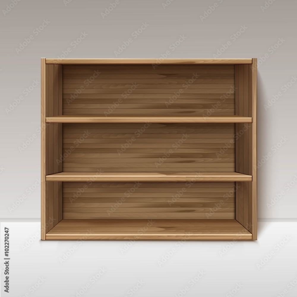 Vector Empty Wooden Wood Shelf Shelves Isolated on Wall Background Vector Empty Wooden Wood Shelf Shelves Isolated on Wall Background