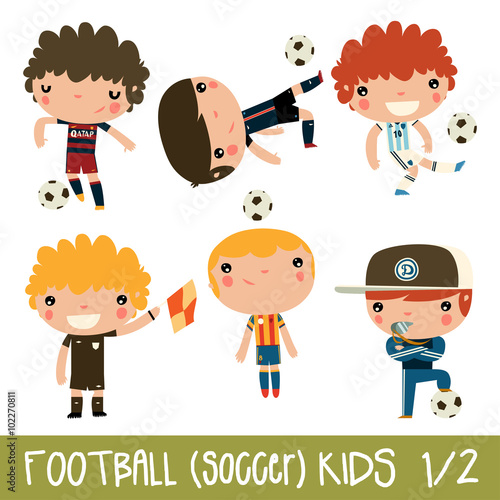football kids. children sports set. cute flat soccer players.