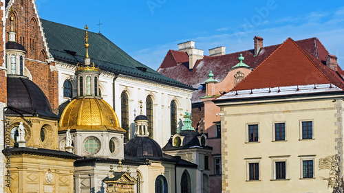 Gilded dome of the Cathedral Basilica of St. Stanislaus and Wenceslas in Krakow, Poland, at the Wawel Hill where Royal Castle is located.