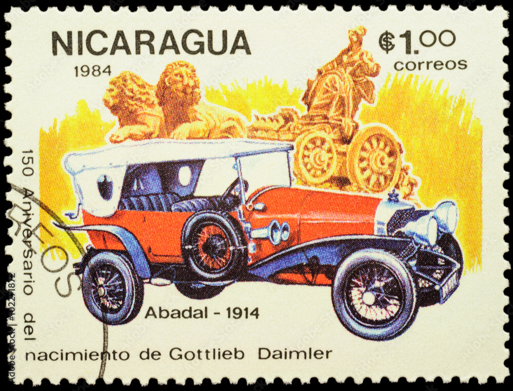 Old car Abadal (1914) on postage stamp