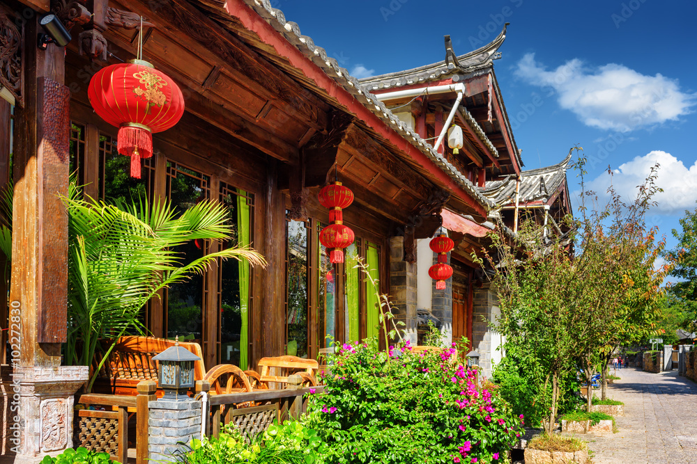Wooden facade of traditional Chinese house in Lijiang, China
