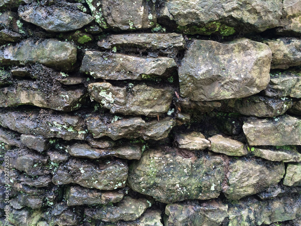 Old Wall with irregular old stones and moss Old Wall with irregular old stones and moss