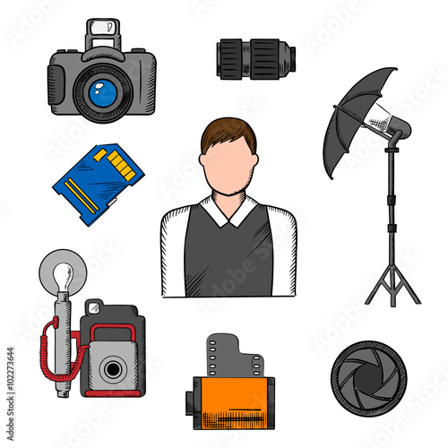 Photographer, equipment and items icons