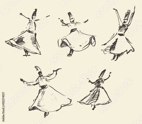 Whirling dervishes mevlana sufi hand drawn sketch