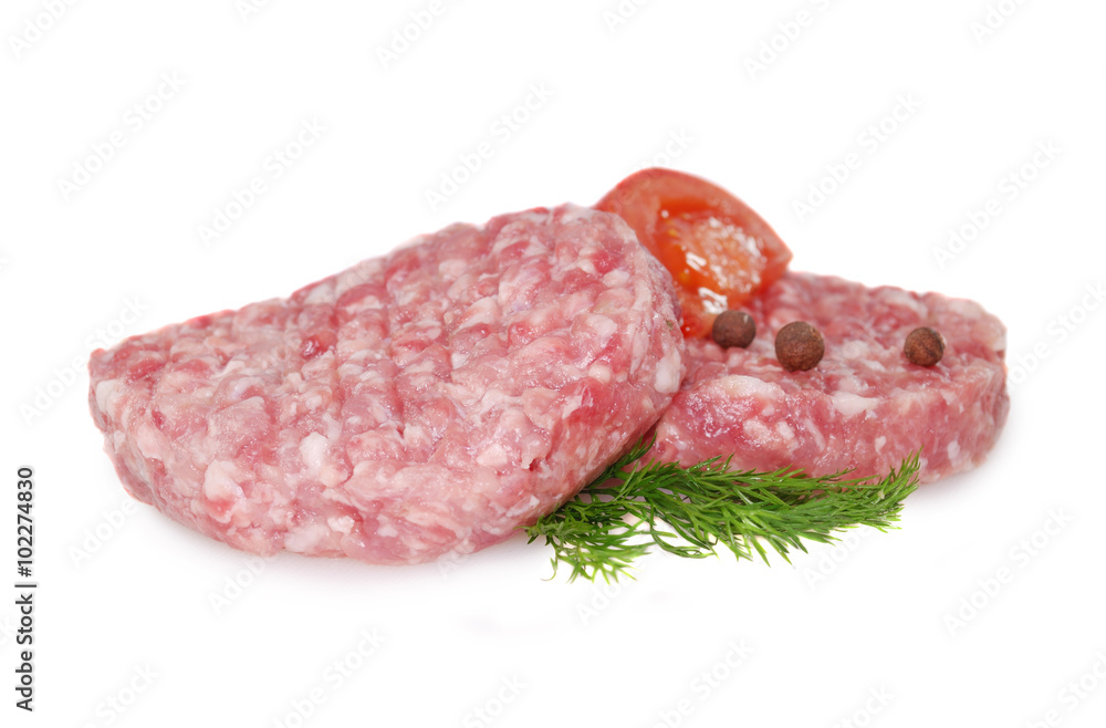 Fresh raw meat. two hamburgers isolated against white background Fresh raw meat. two hamburgers isolated against white background