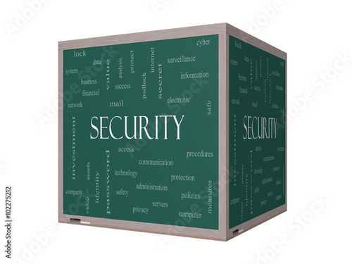 Security 3D Word Cloud Concept on a Blackboard