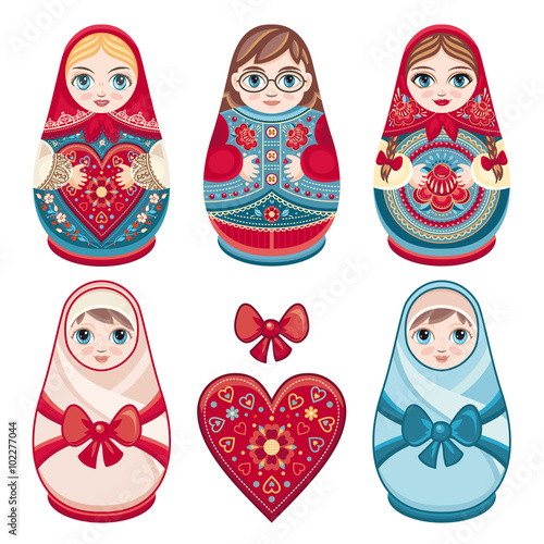 Matryoshka. Russian folk nesting doll. Babushka doll. Family set. Vector illustration on white background