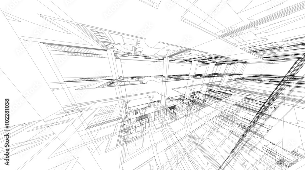 Abstract 3D rendering of building wireframe structure.