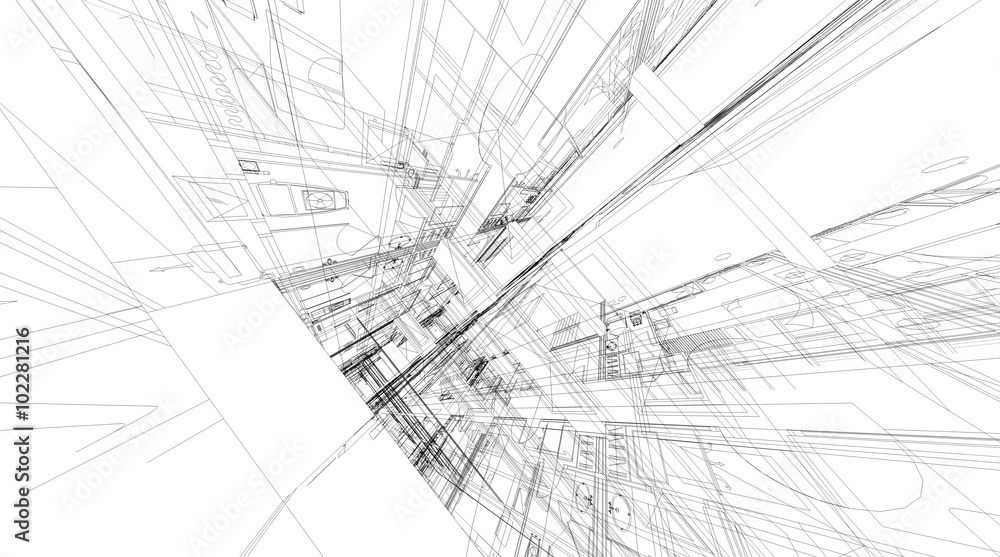 Abstract 3D rendering of building wireframe structure.