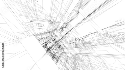 Abstract 3D rendering of building wireframe structure.
